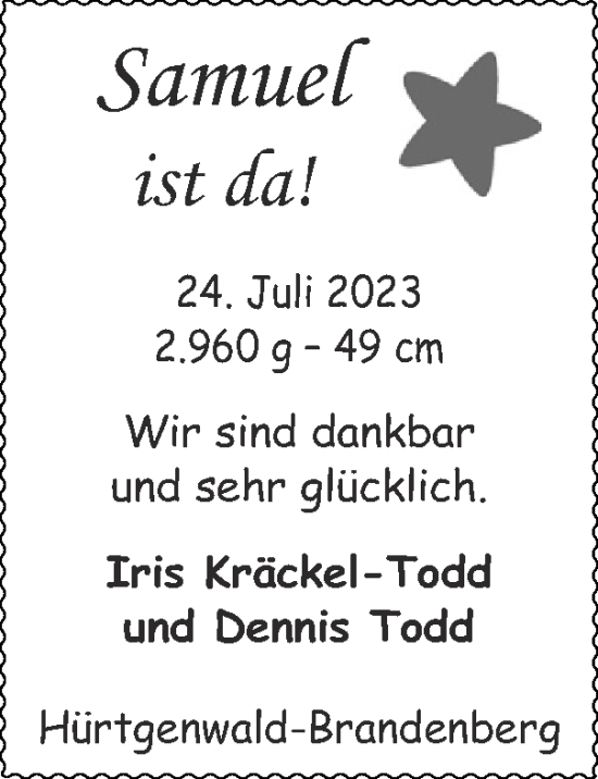 Glückwunschanzeige von Samuel  von Zeitung am Sonntag