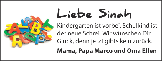 Glückwunschanzeige von Sinah  von Zeitung am Sonntag