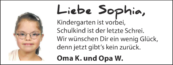 Glückwunschanzeige von Sophia  von Zeitung am Sonntag