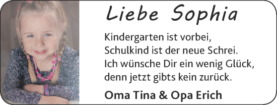 Glückwunschanzeige von Sophia  von Zeitung am Sonntag