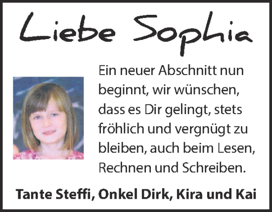 Glückwunschanzeige von Sophia  von Zeitung am Sonntag