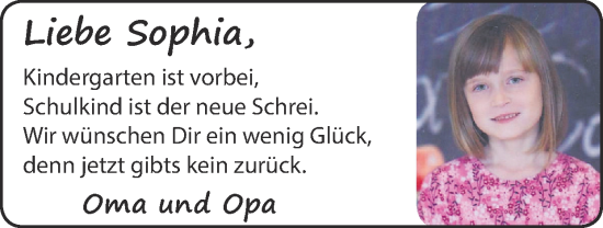 Glückwunschanzeige von Sophia  von Zeitung am Sonntag