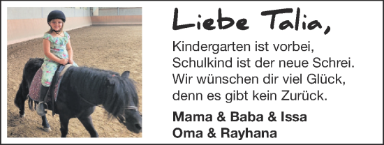 Glückwunschanzeige von Talia  von Zeitung am Sonntag
