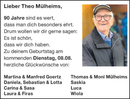 Glückwunschanzeige von Theo Mülheims von Zeitung am Sonntag