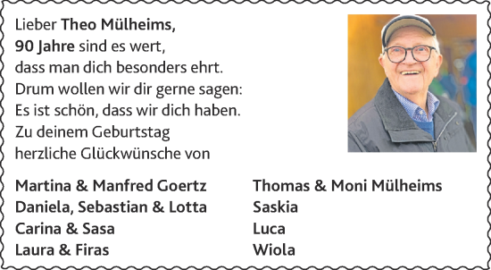 Glückwunschanzeige von Theo Mülheims von Aachener Zeitung