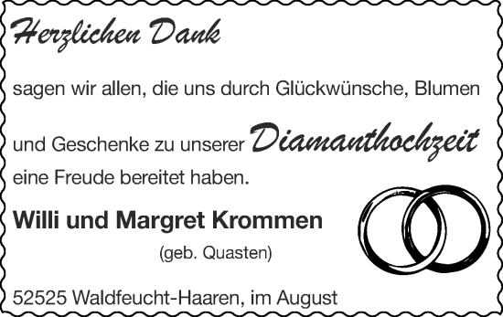 Glückwunschanzeige von Willi und Margret Krommen von Zeitung am Sonntag