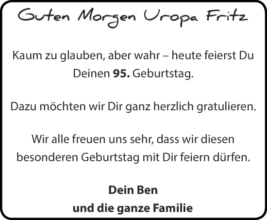 Glückwunschanzeige von 95. Geburtag Uropa Fritz von Aachener Zeitung