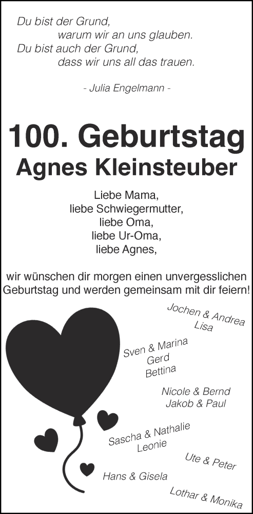 Glückwunschanzeige von Agnes Kleinsteuber von Zeitung am Sonntag