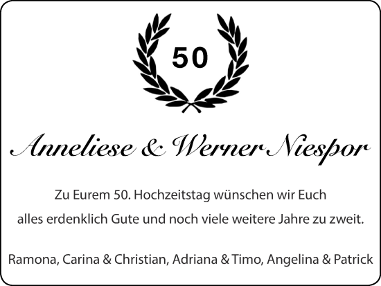 Glückwunschanzeige von Anneliese und Werner Niespor von Zeitung am Sonntag