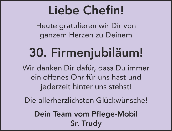 Glückwunschanzeige von Chefin  von Zeitung am Sonntag