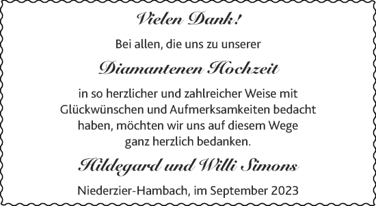 Glückwunschanzeige von Diamantenen Hochzeit Hildegard und Willi von Aachener Zeitung