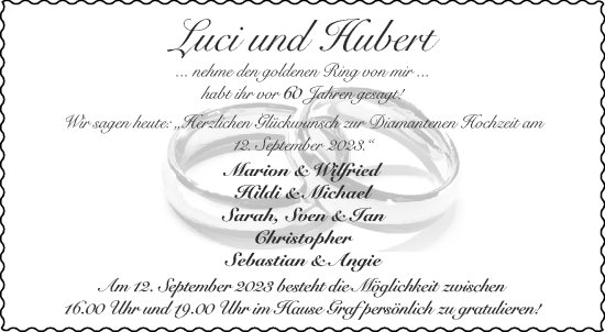 Glückwunschanzeige von Diamantenen Hochzeit Luci und Hubert von Aachener Zeitung