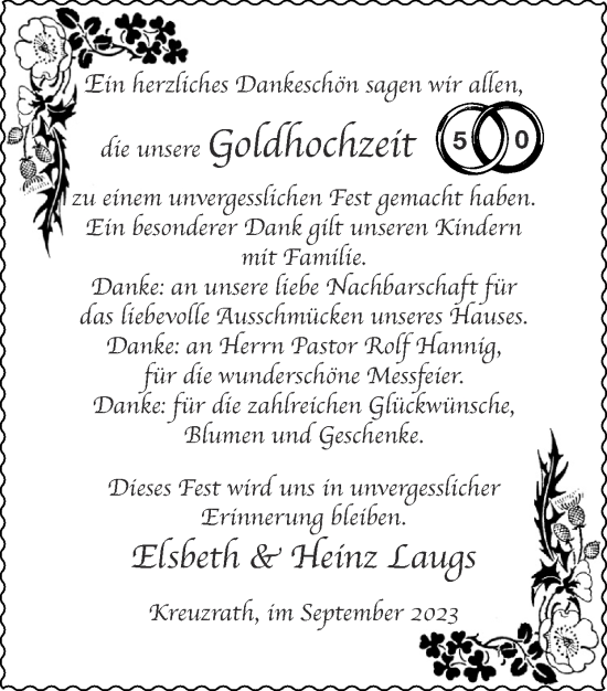 Glückwunschanzeige von Elsbeth und Heinz Laugs von Zeitung am Sonntag