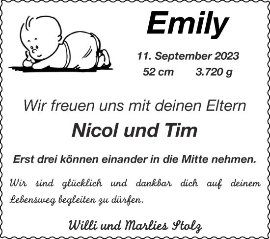 Glückwunschanzeige von Emily  von Zeitung am Sonntag