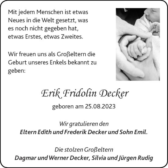Glückwunschanzeige von Erik Fridolin Decker von Zeitung am Sonntag