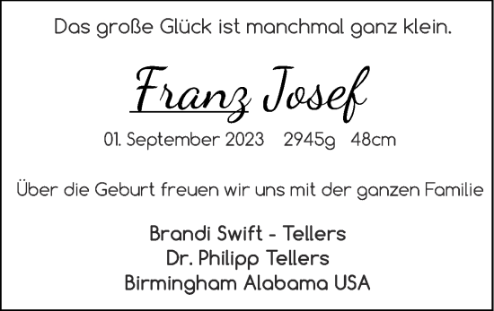 Glückwunschanzeige von Franz Josef von Zeitung am Sonntag