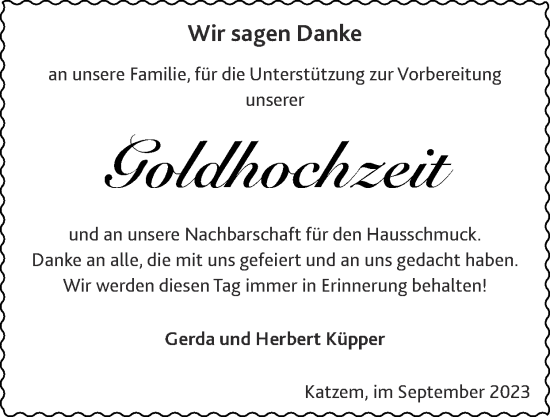 Glückwunschanzeige von Gerda und Herbert Küpper von Zeitung am Sonntag