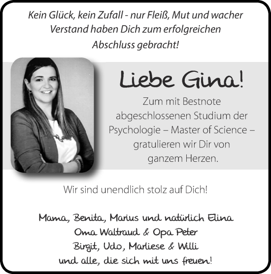 Glückwunschanzeige von Gina  von Zeitung am Sonntag
