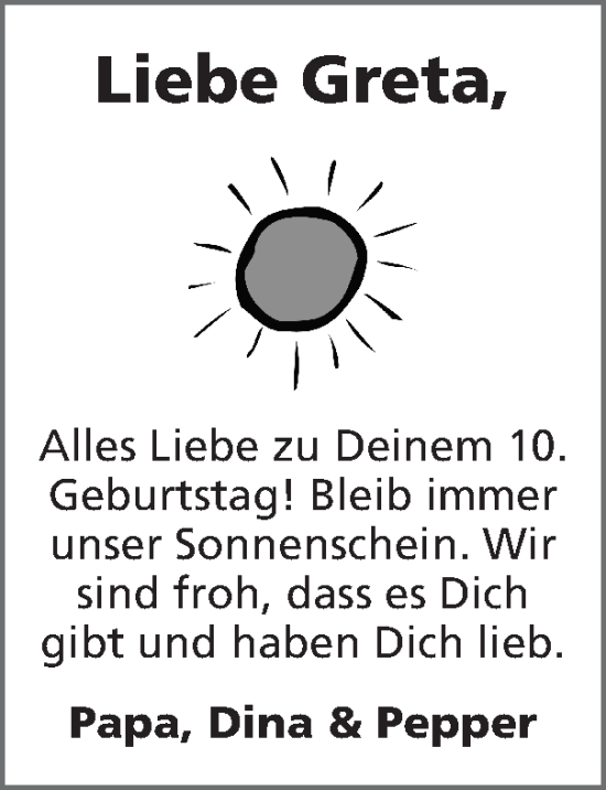 Glückwunschanzeige von Greta  von Zeitung am Sonntag