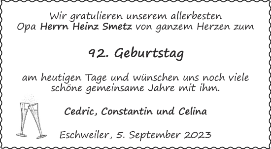 Glückwunschanzeige von Heinz Smetz von Aachener Zeitung