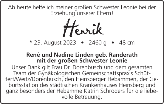 Glückwunschanzeige von Henrik Linden von Zeitung am Sonntag