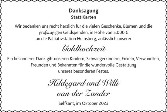 Glückwunschanzeige von Hildegard und Willi van der Zander von Zeitung am Sonntag