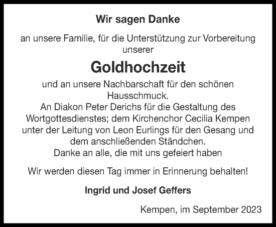 Glückwunschanzeige von Ingrid und Josef Geffers von Zeitung am Sonntag