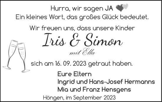 Glückwunschanzeige von Iris & Simon  von Zeitung am Sonntag