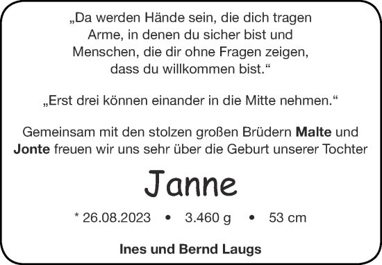 Glückwunschanzeige von Janne  von Zeitung am Sonntag