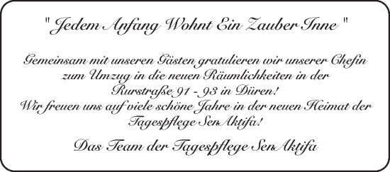 Glückwunschanzeige von Jedem Anfang Wohnt Ein Zauber Inne  von Zeitung am Sonntag