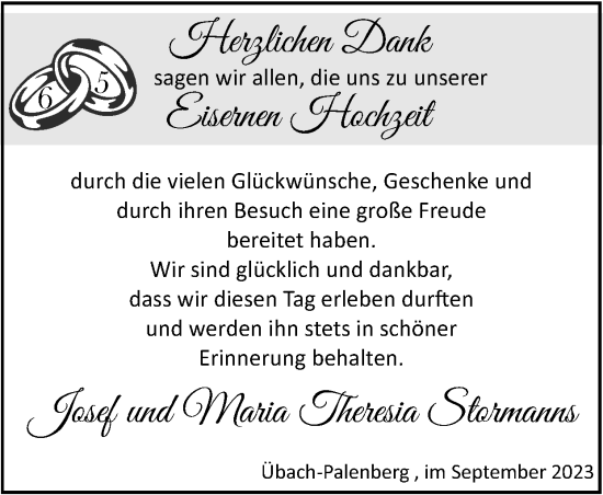 Glückwunschanzeige von Josef und Maria Theresia Stormanns von Zeitung am Sonntag