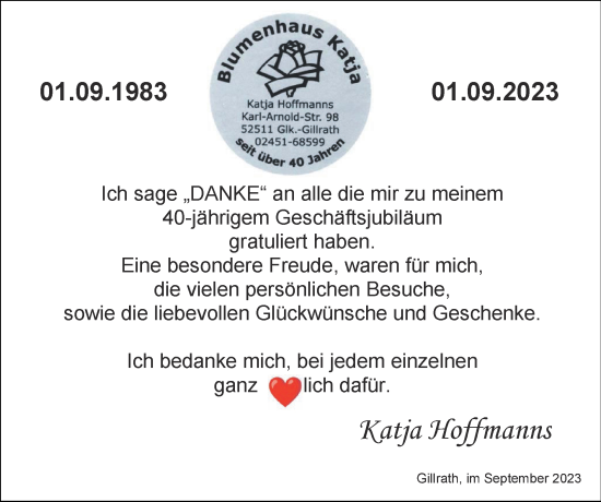 Glückwunschanzeige von Katja Hoffmanns von Zeitung am Sonntag
