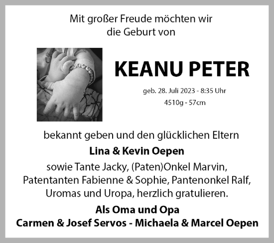 Glückwunschanzeige von Keanu Peter von Zeitung am Sonntag