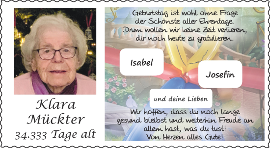 Glückwunschanzeige von Klara Mückter von Aachener Zeitung