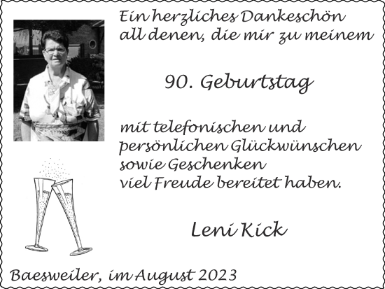 Glückwunschanzeige von Leni Kick von Zeitung am Sonntag