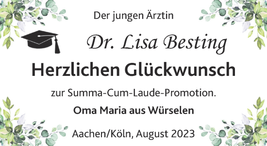 Glückwunschanzeige von Lisa Besting von Aachener Zeitung