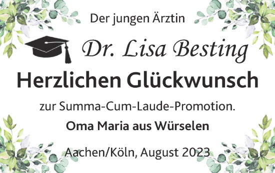 Glückwunschanzeige von Lisa Besting von Zeitung am Sonntag