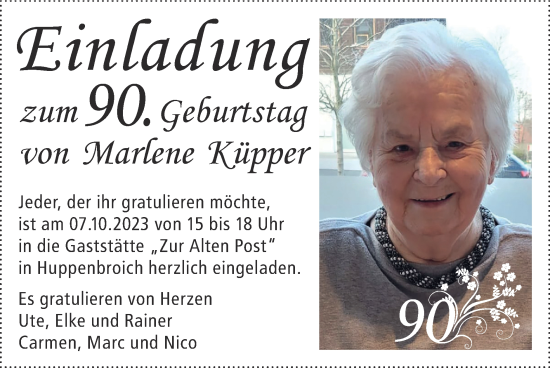 Glückwunschanzeige von Marlene Küpper von Zeitung am Sonntag