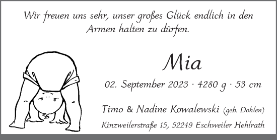 Glückwunschanzeige von Mia  von Zeitung am Sonntag