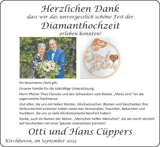 Glückwunschanzeige von Otti und Hans Cüppers von Zeitung am Sonntag