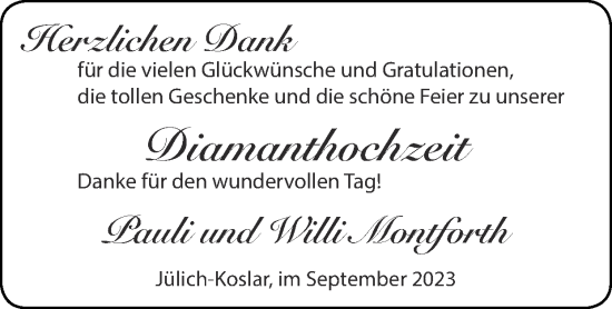 Glückwunschanzeige von Pauli und Willi Montforth von Zeitung am Sonntag