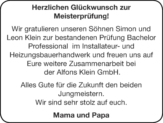 Glückwunschanzeige von Simon und Leon Klein von Zeitung am Sonntag