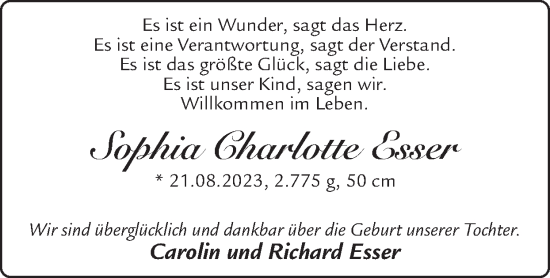 Glückwunschanzeige von Sophia Charlotte Esser von Zeitung am Sonntag