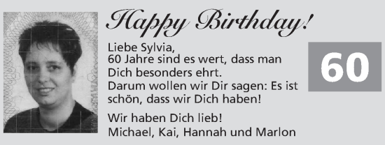 Glückwunschanzeige von Sylvia  von Zeitung am Sonntag