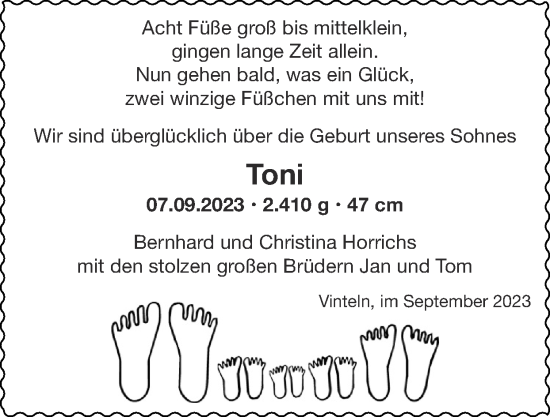 Glückwunschanzeige von Toni  von Zeitung am Sonntag