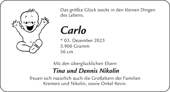 Glückwunschanzeige von Carlo  von Zeitung am Sonntag