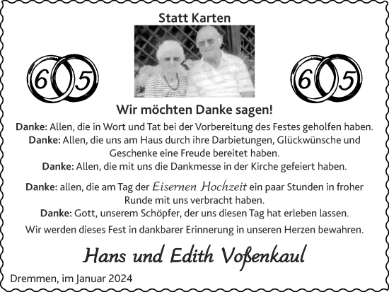 Glückwunschanzeige von Hans und Edith Voßenkaul von Zeitung am Sonntag