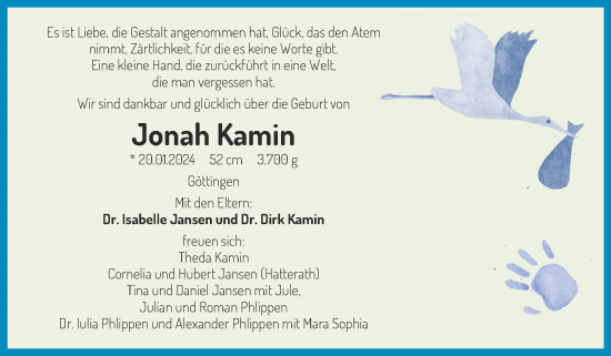Glückwunschanzeige von Jonah Kamin von Zeitung am Sonntag