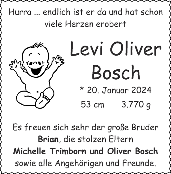 Glückwunschanzeige von Levi Oliver Bosch von Zeitung am Sonntag