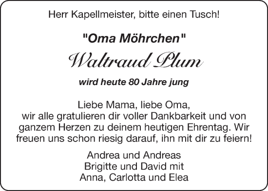 Glückwunschanzeige von Waltraud Plum von Aachener Zeitung